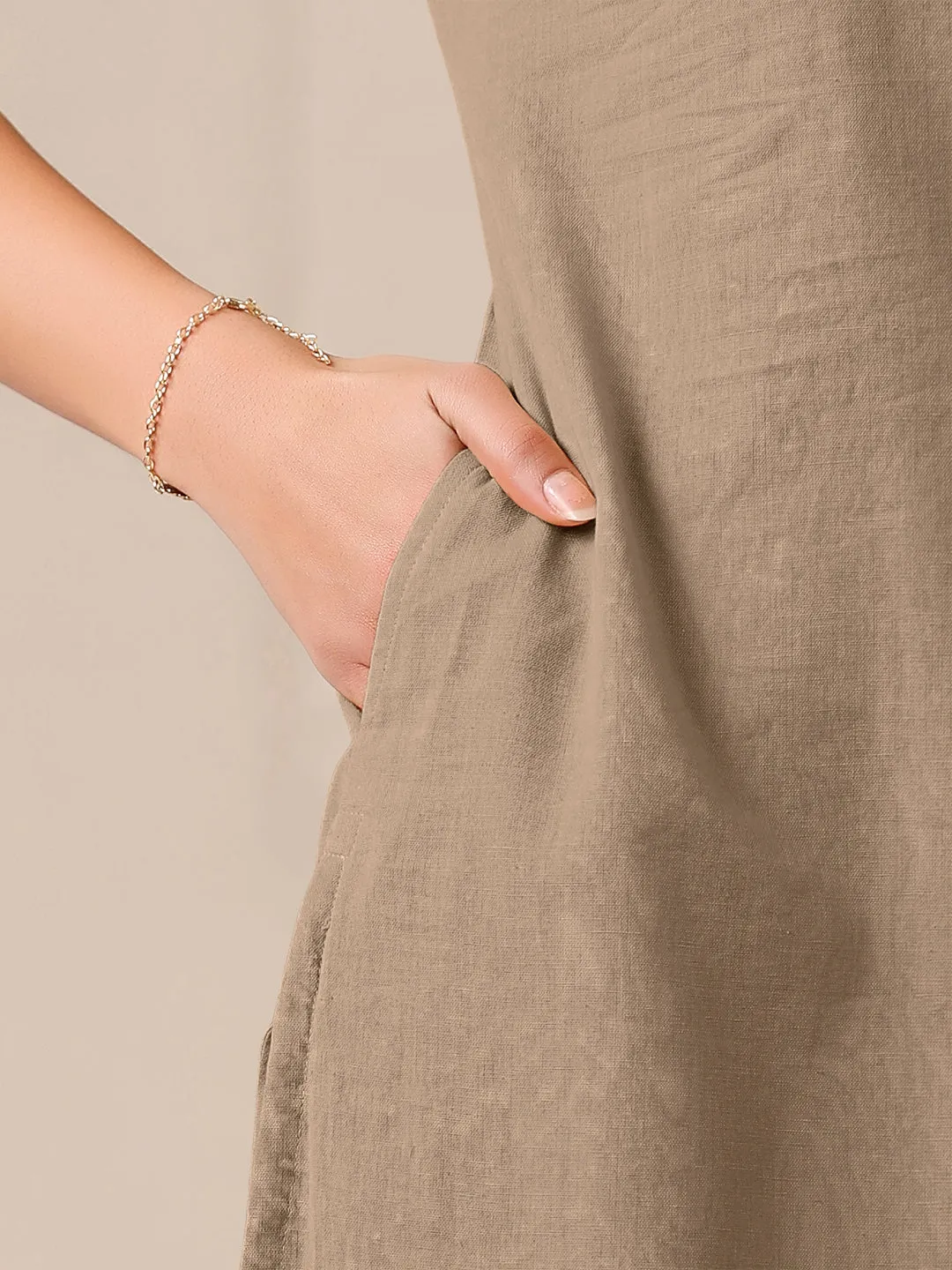 Beige Cotton Solid Straight Kurta