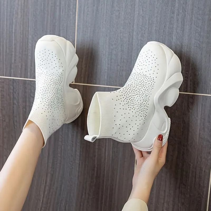 Black Platform Sock Boots for Women - 8cm Heel