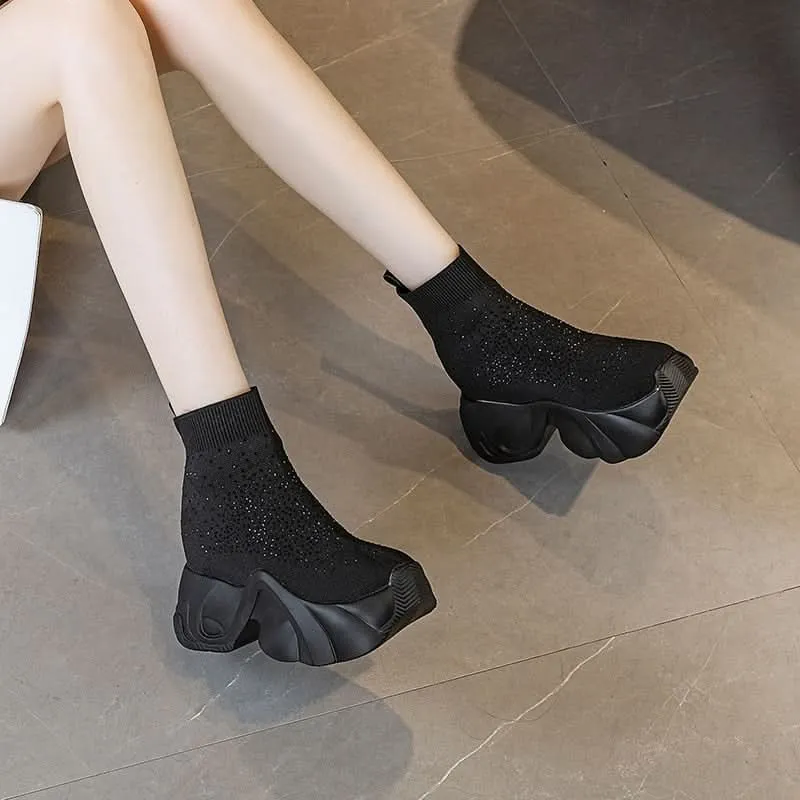 Black Platform Sock Boots for Women - 8cm Heel