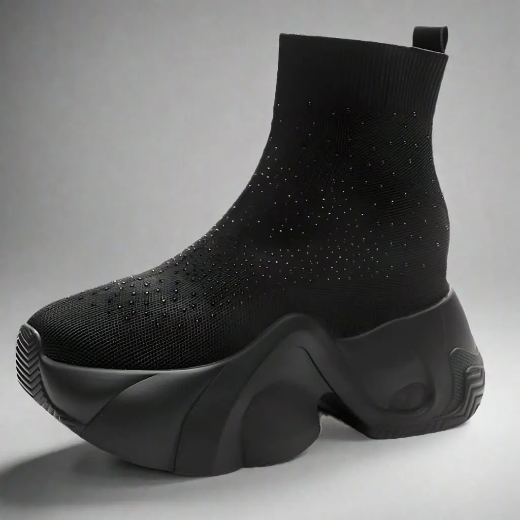 Black Platform Sock Boots for Women - 8cm Heel