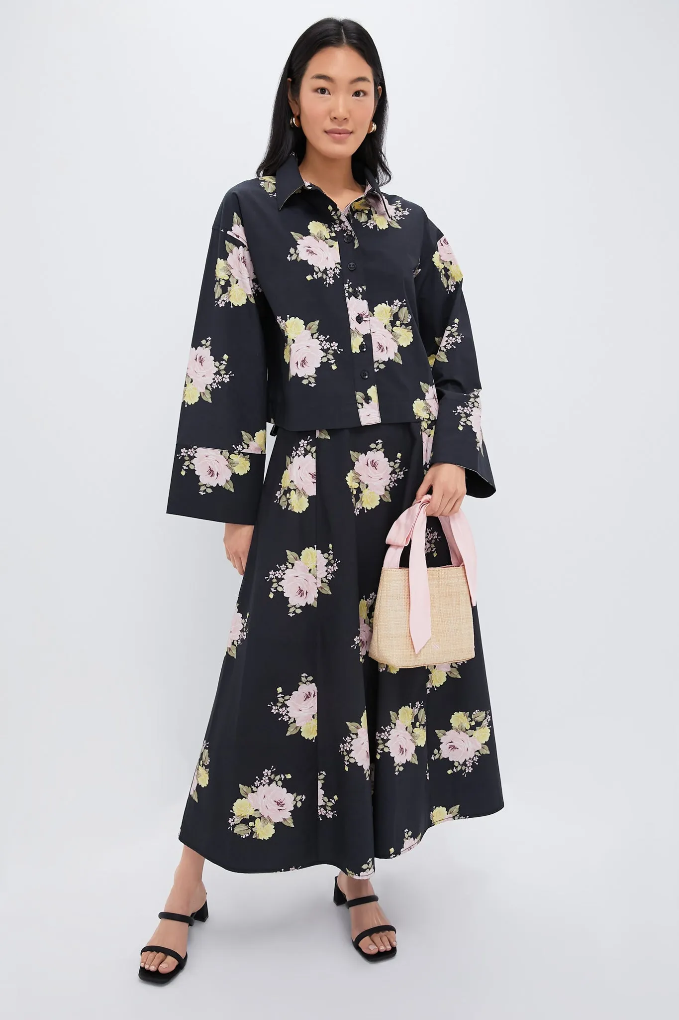 Black Posy Poplin Cropped Shirt