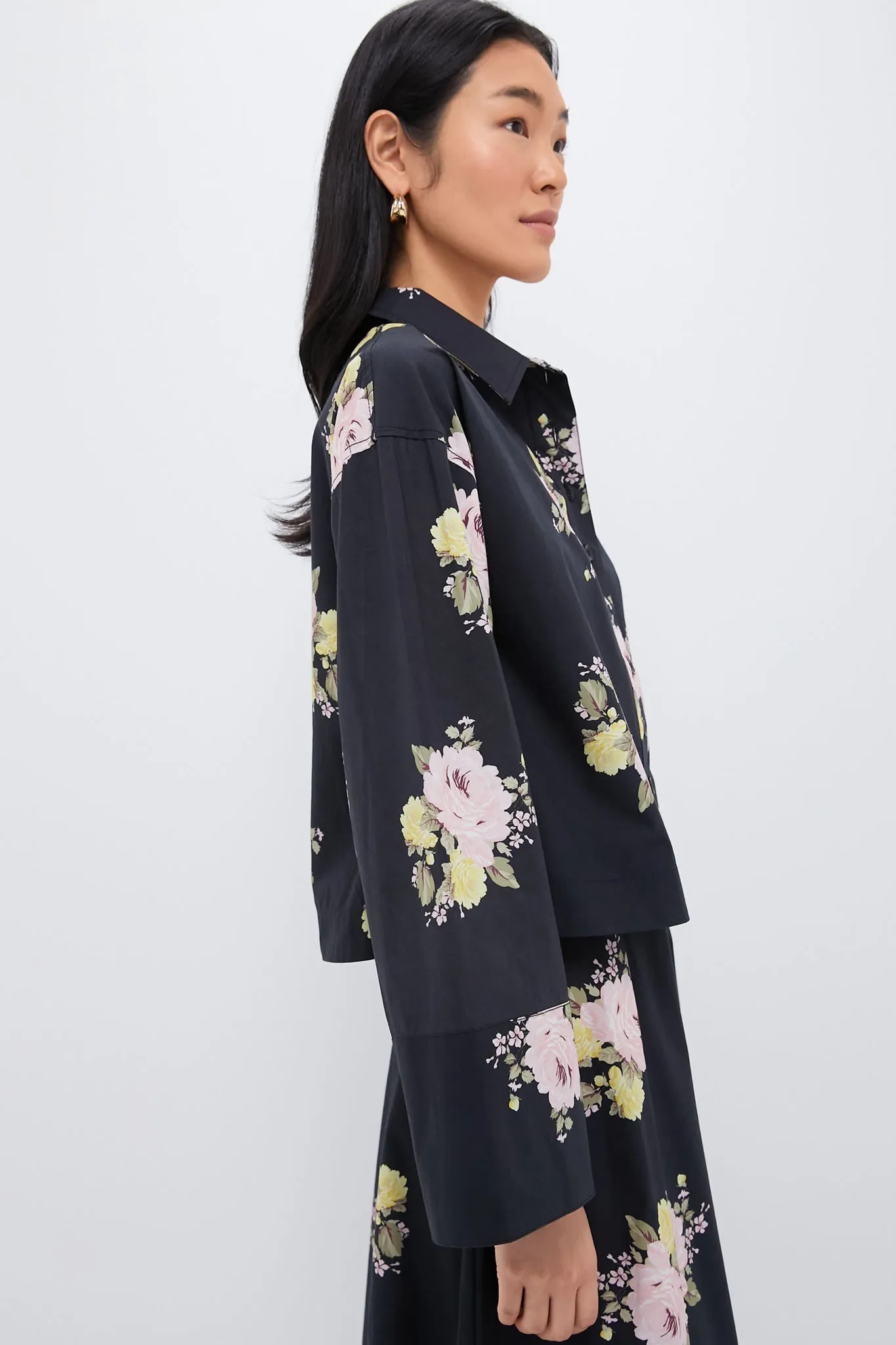 Black Posy Poplin Cropped Shirt