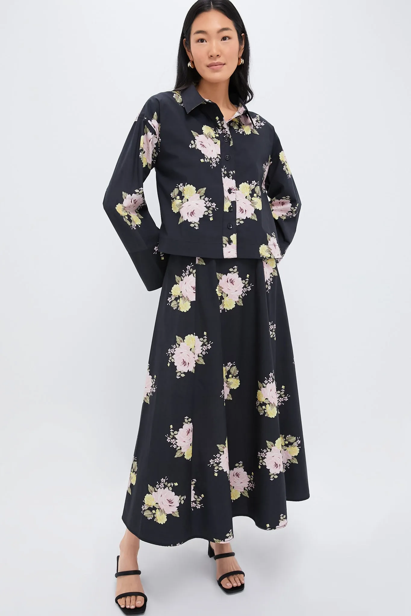 Black Posy Poplin Cropped Shirt