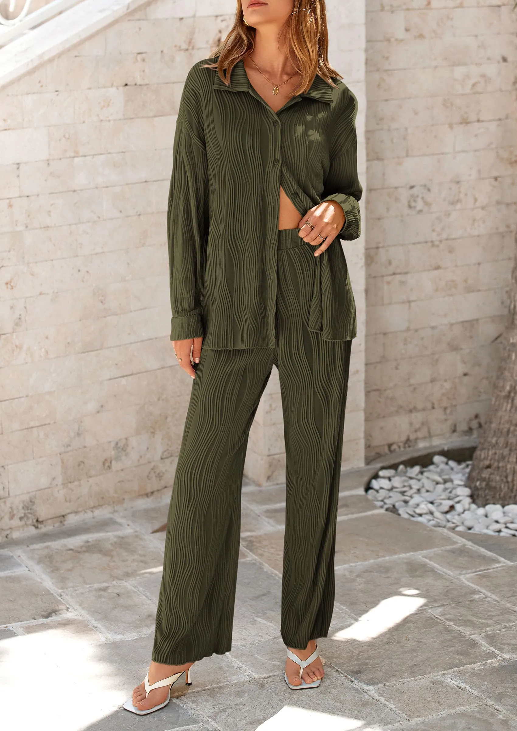 Casual Textured Button Down Shirt Wide Leg Pants Loungewear 2 Piece Sets