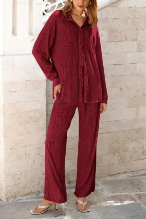 Casual Textured Button Down Shirt Wide Leg Pants Loungewear 2 Piece Sets
