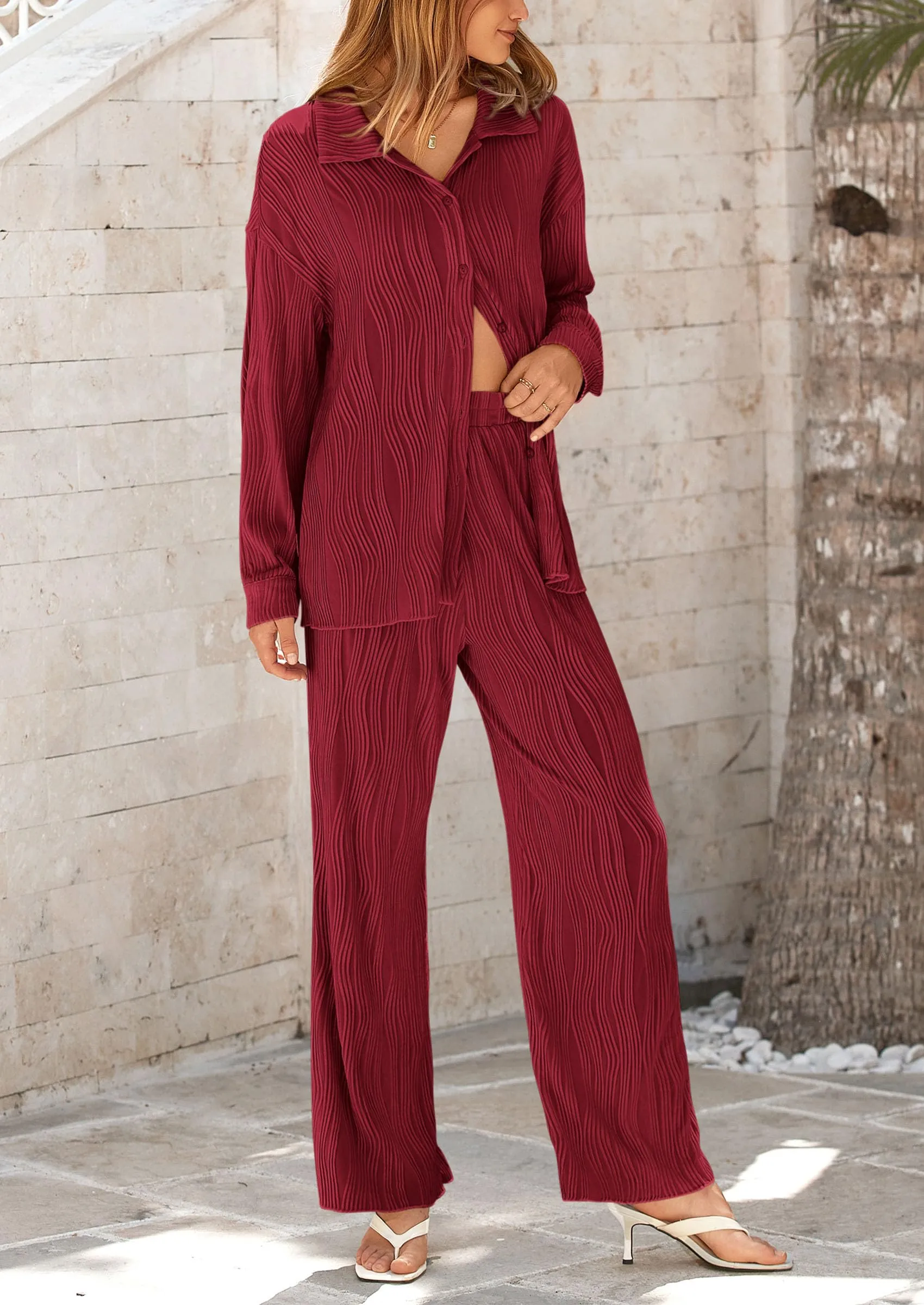 Casual Textured Button Down Shirt Wide Leg Pants Loungewear 2 Piece Sets