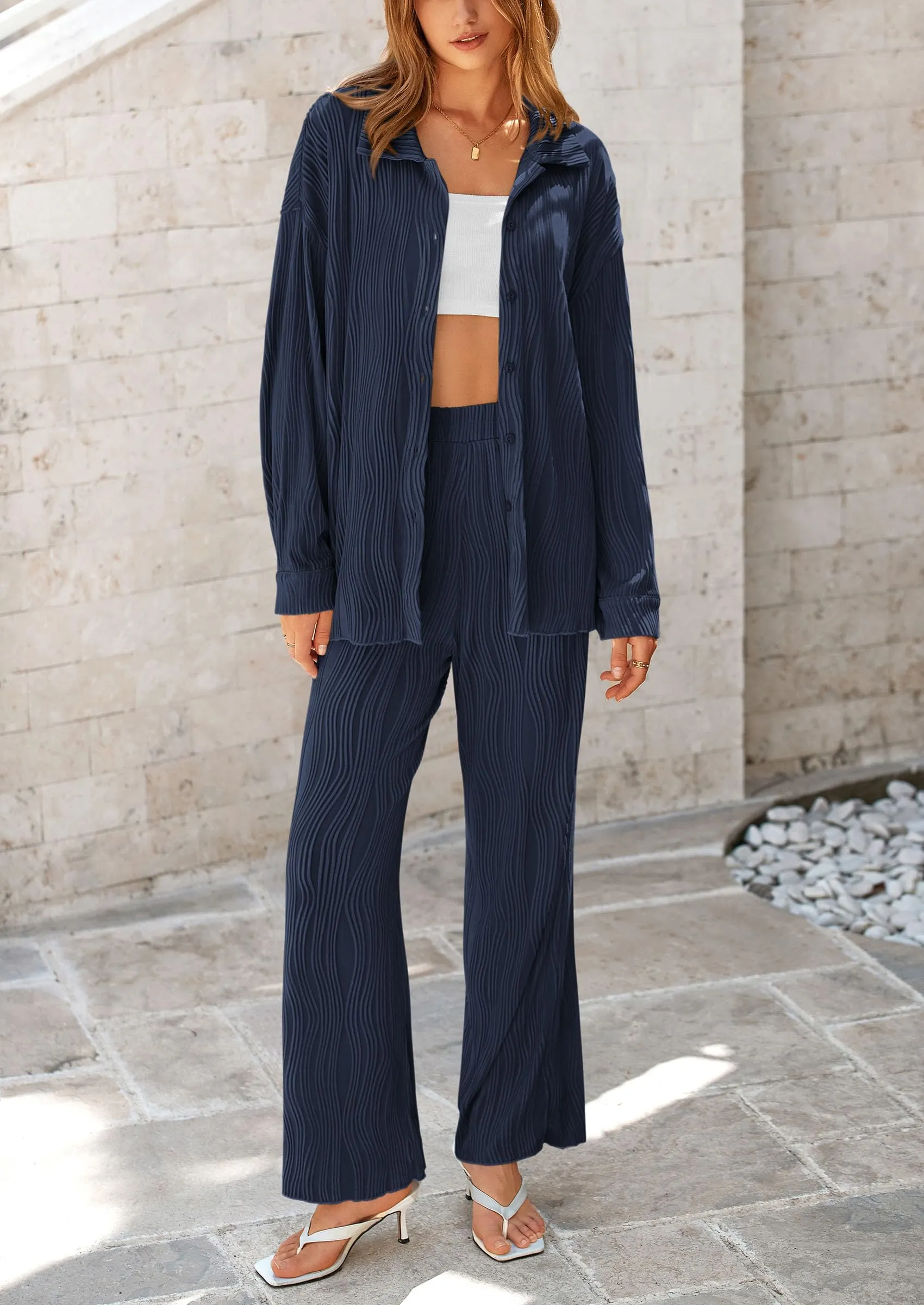 Casual Textured Button Down Shirt Wide Leg Pants Loungewear 2 Piece Sets