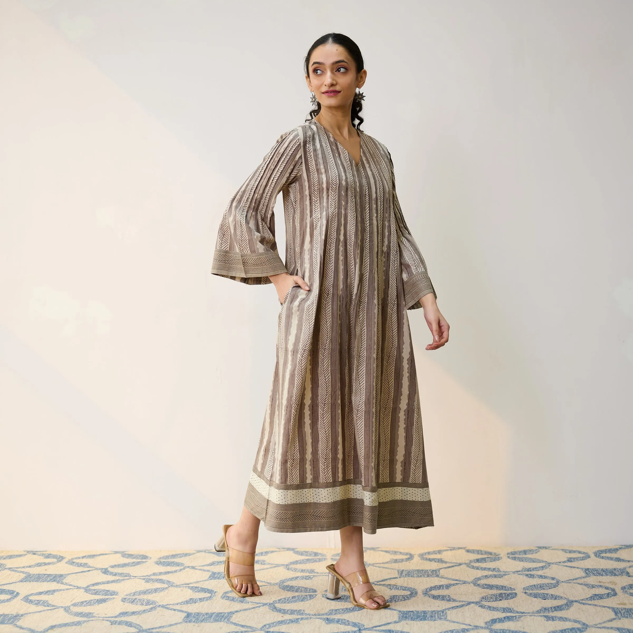 Dabu Inspired Grey Cotton A-line Dress with Pintuck Detail
