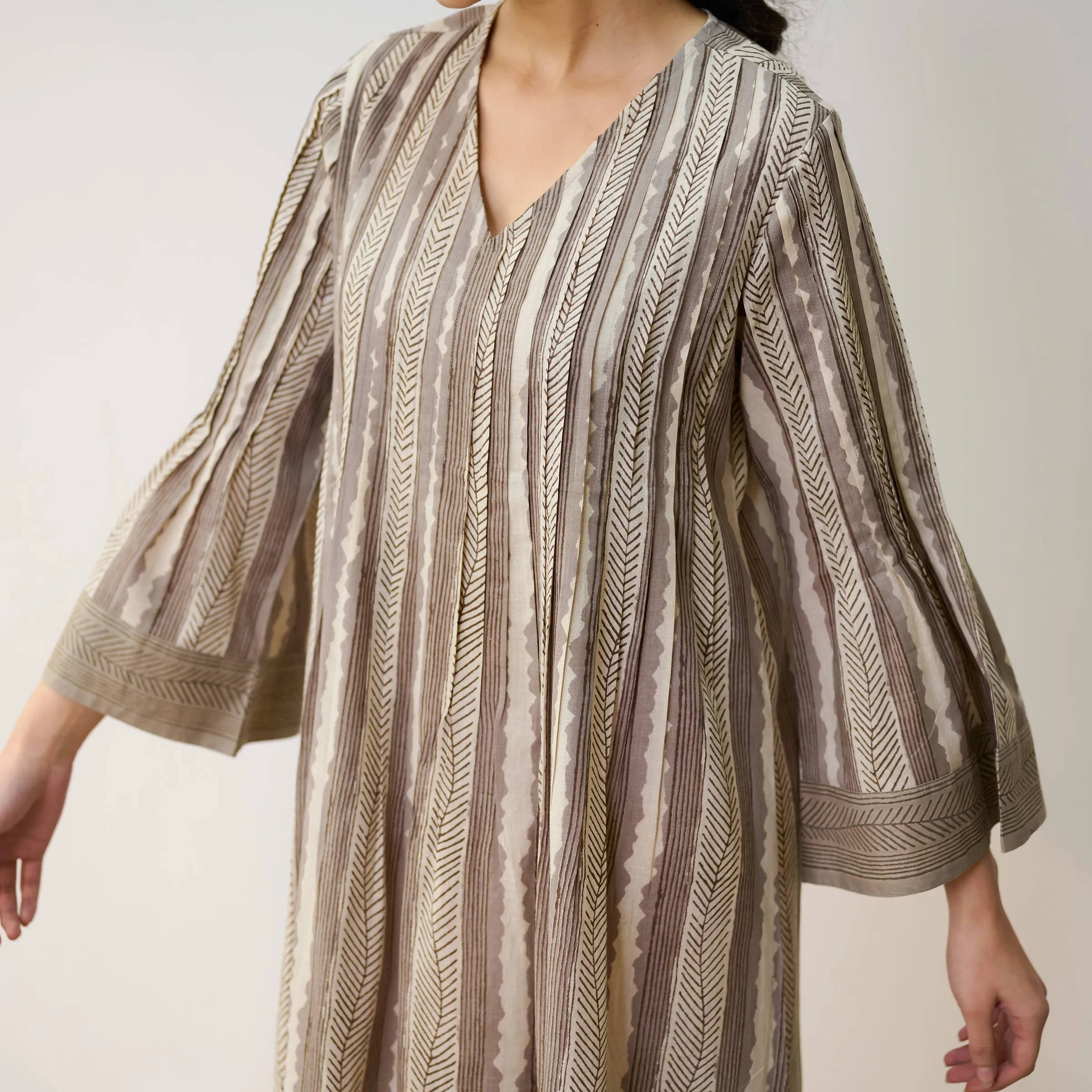 Dabu Inspired Grey Cotton A-line Dress with Pintuck Detail