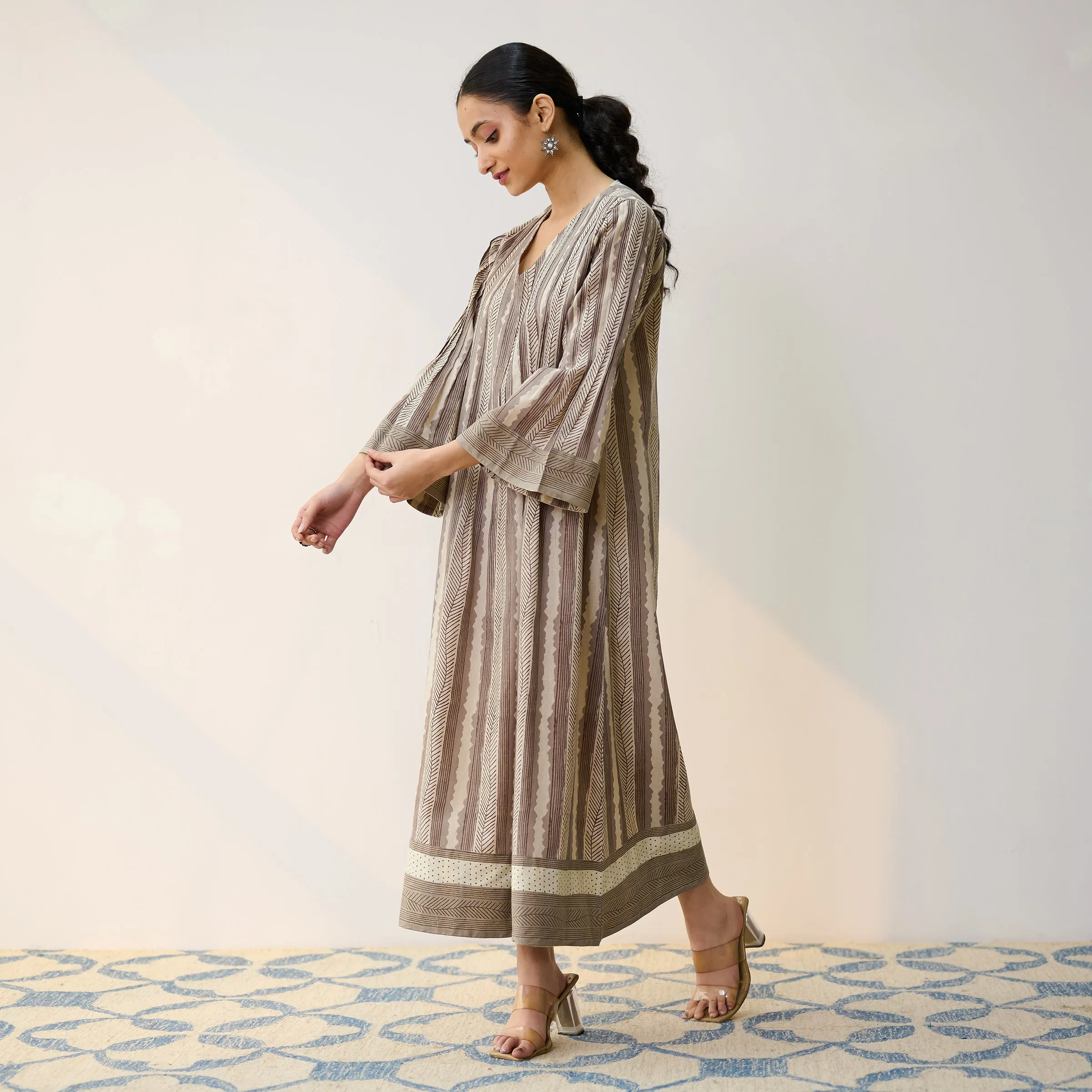 Dabu Inspired Grey Cotton A-line Dress with Pintuck Detail