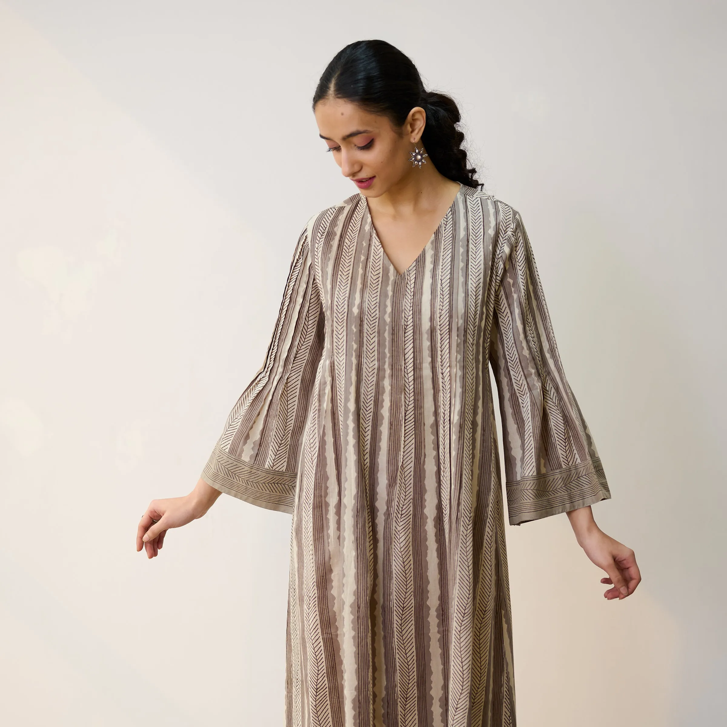 Dabu Inspired Grey Cotton A-line Dress with Pintuck Detail
