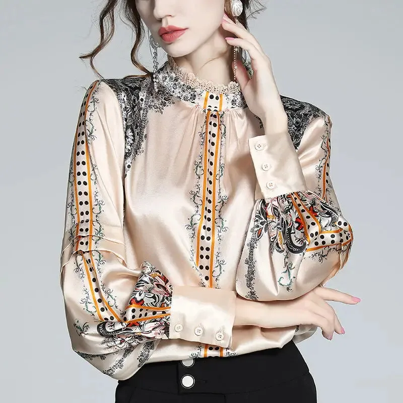 EVNISI French Printed Silk Satin Blouse - England Style