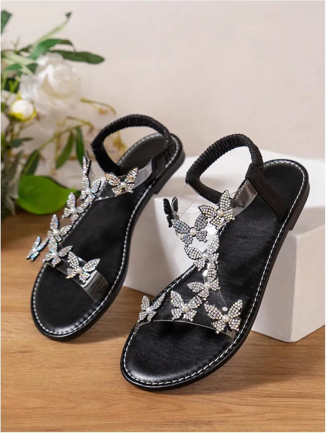 GORGLITTER Women's Clear Butterfly Ankle Strap Sandals Dressy Cute Strappy Wedding Vacation Bridal Flats Sandal 2025
