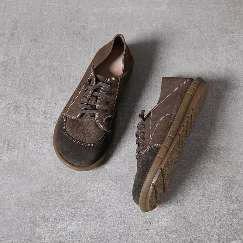 Handmade Soft Leather Oxfords & Tie Flats For Women in Deep Gray