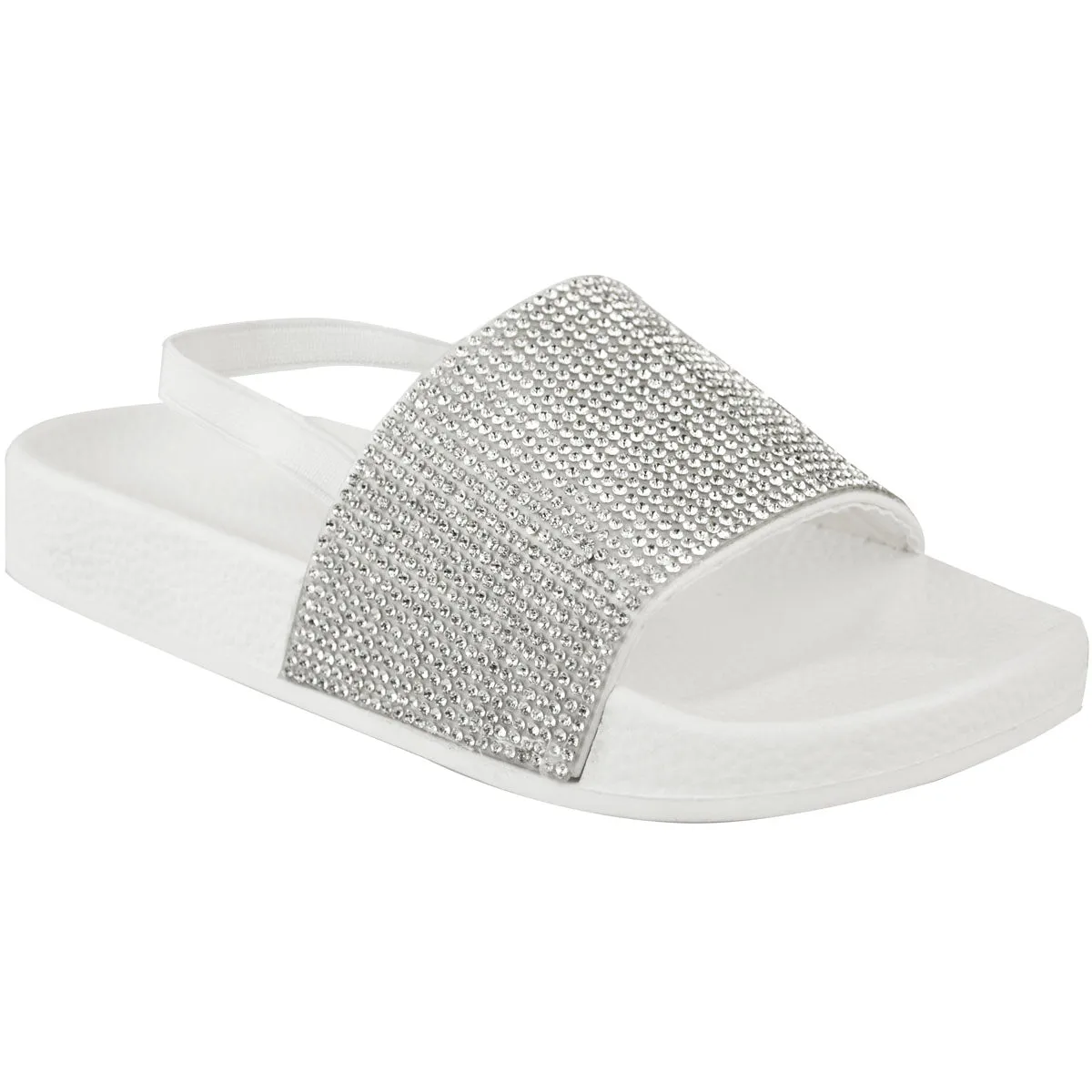 LEVELLE KIDS FLATFORM SLIDERS WIT DIAMANTE STRAP & SLINGBACK IN WHITE