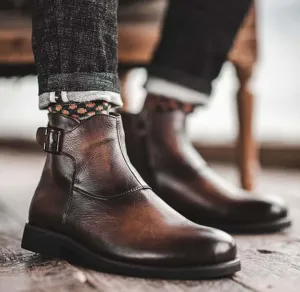 Men's Ankle Boot, Men's Brown Vintage Leather Monk Casual Boot.
