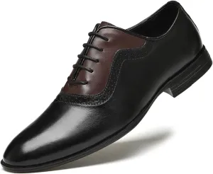 New Oxford Shoes for Men Lace Up Brogue Round Burnished Toe Leather Block Heel Non Slip Low Top Prom