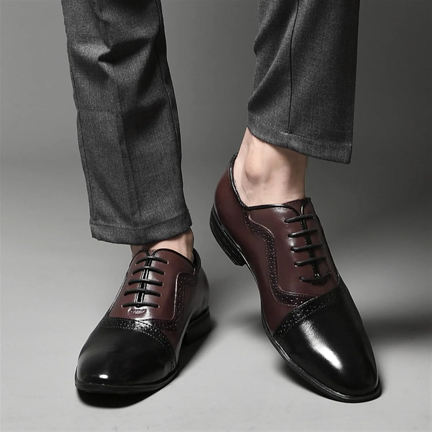 New Oxford Shoes for Men Lace Up Brogue Round Burnished Toe Leather Block Heel Non Slip Low Top Prom