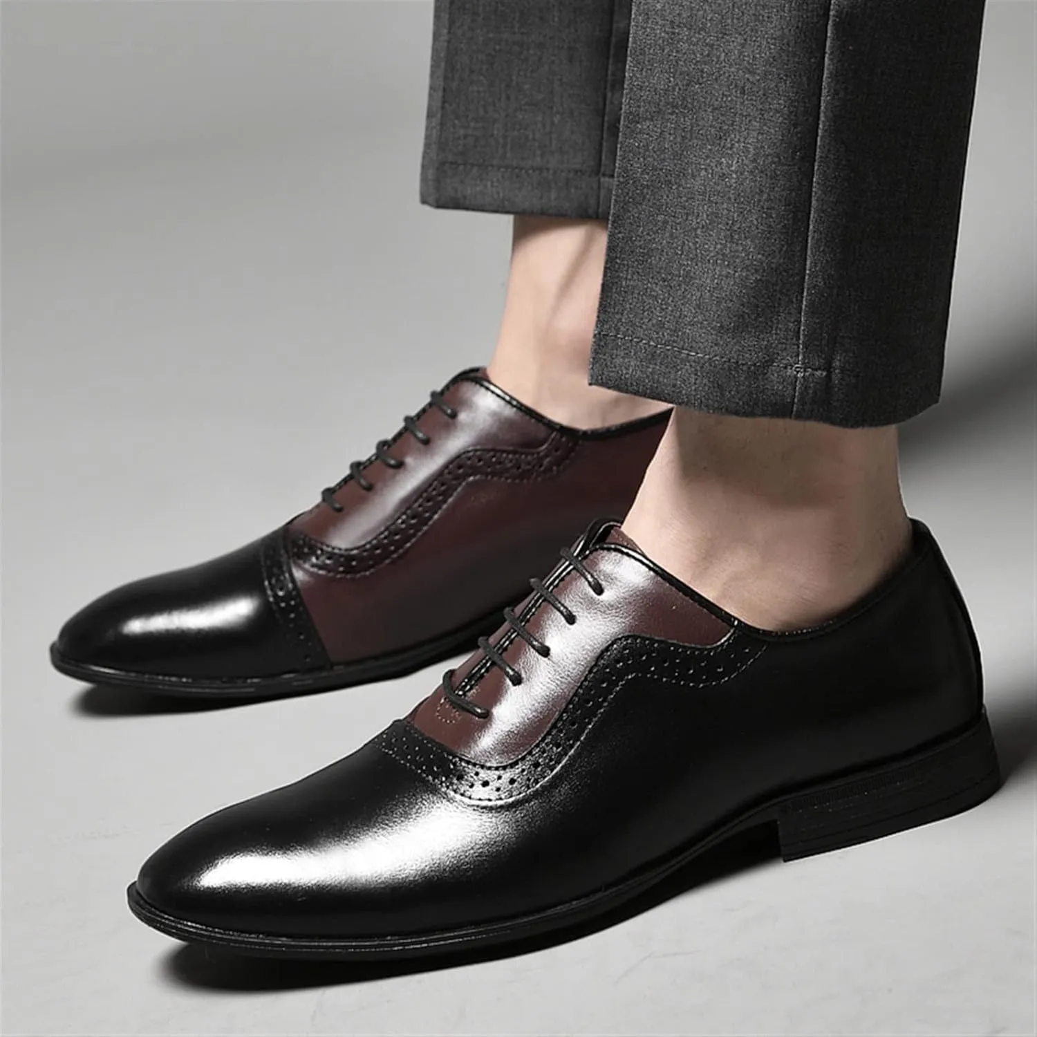 New Oxford Shoes for Men Lace Up Brogue Round Burnished Toe Leather Block Heel Non Slip Low Top Prom