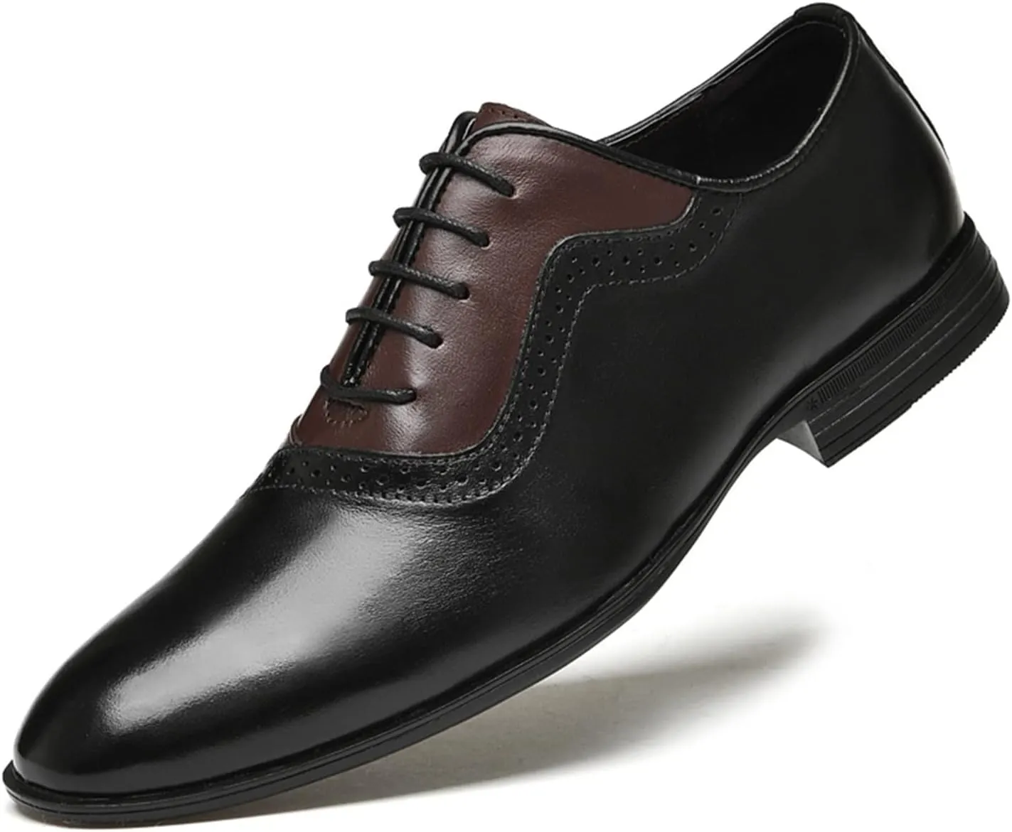 New Oxford Shoes for Men Lace Up Brogue Round Burnished Toe Leather Block Heel Non Slip Low Top Prom