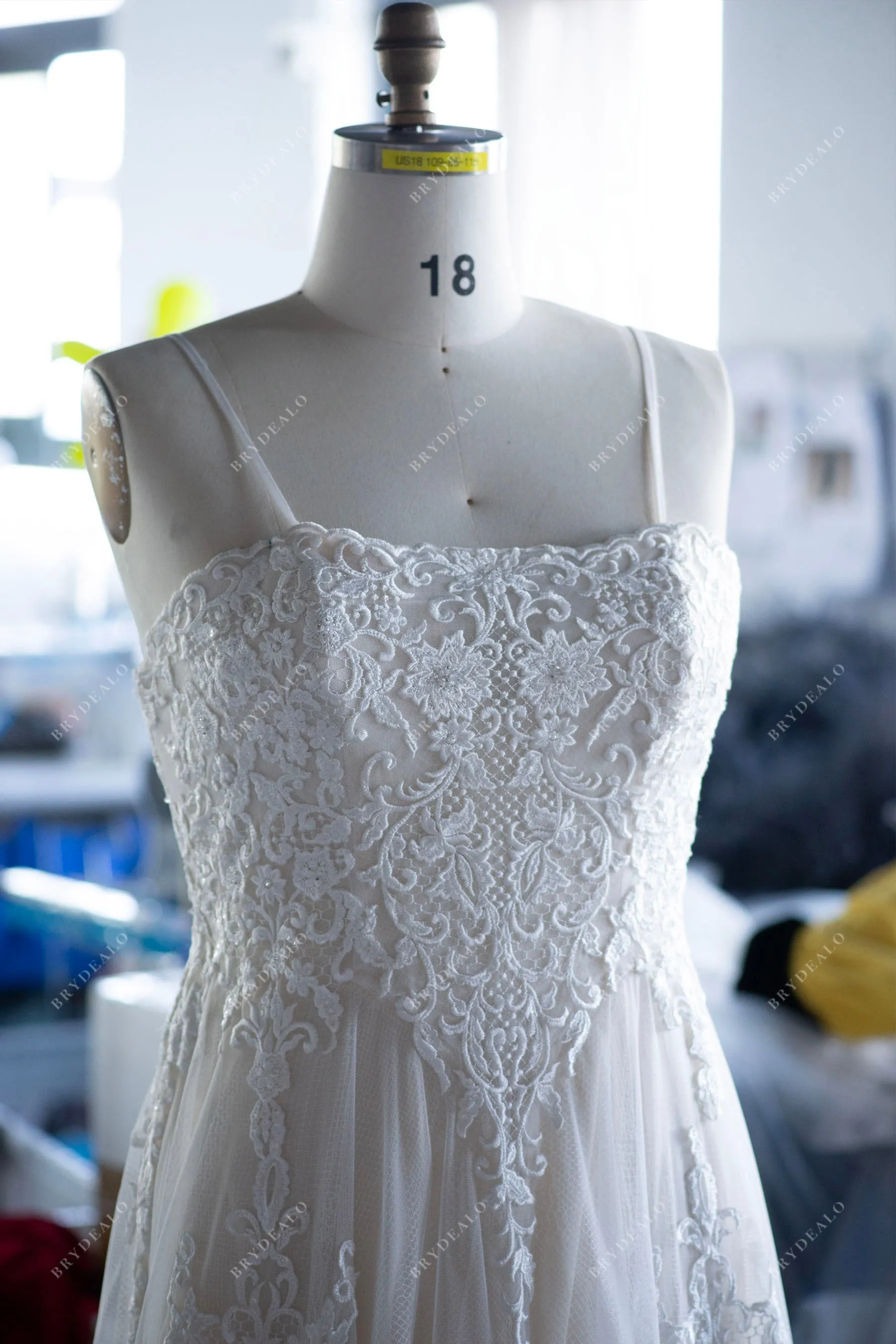 Plus Size Spaghetti Strap Stylish Lace A-line Champagne Bridal Dress