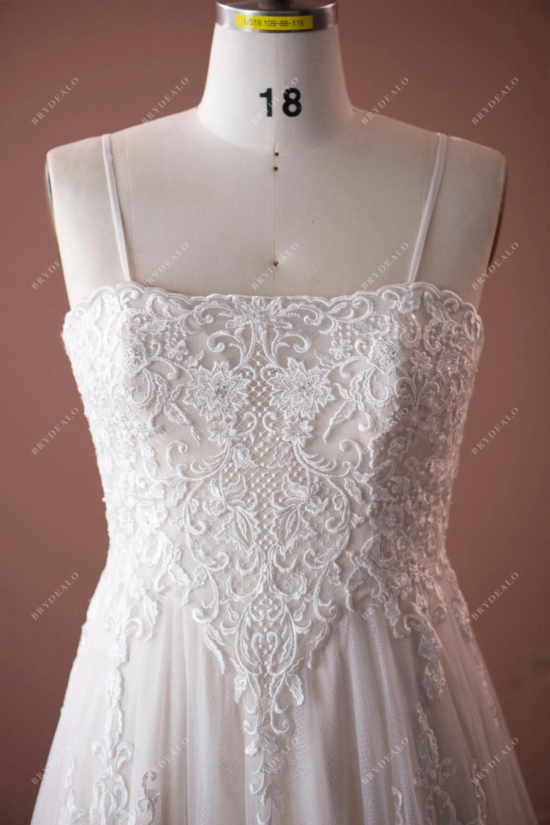 Plus Size Spaghetti Strap Stylish Lace A-line Champagne Bridal Dress