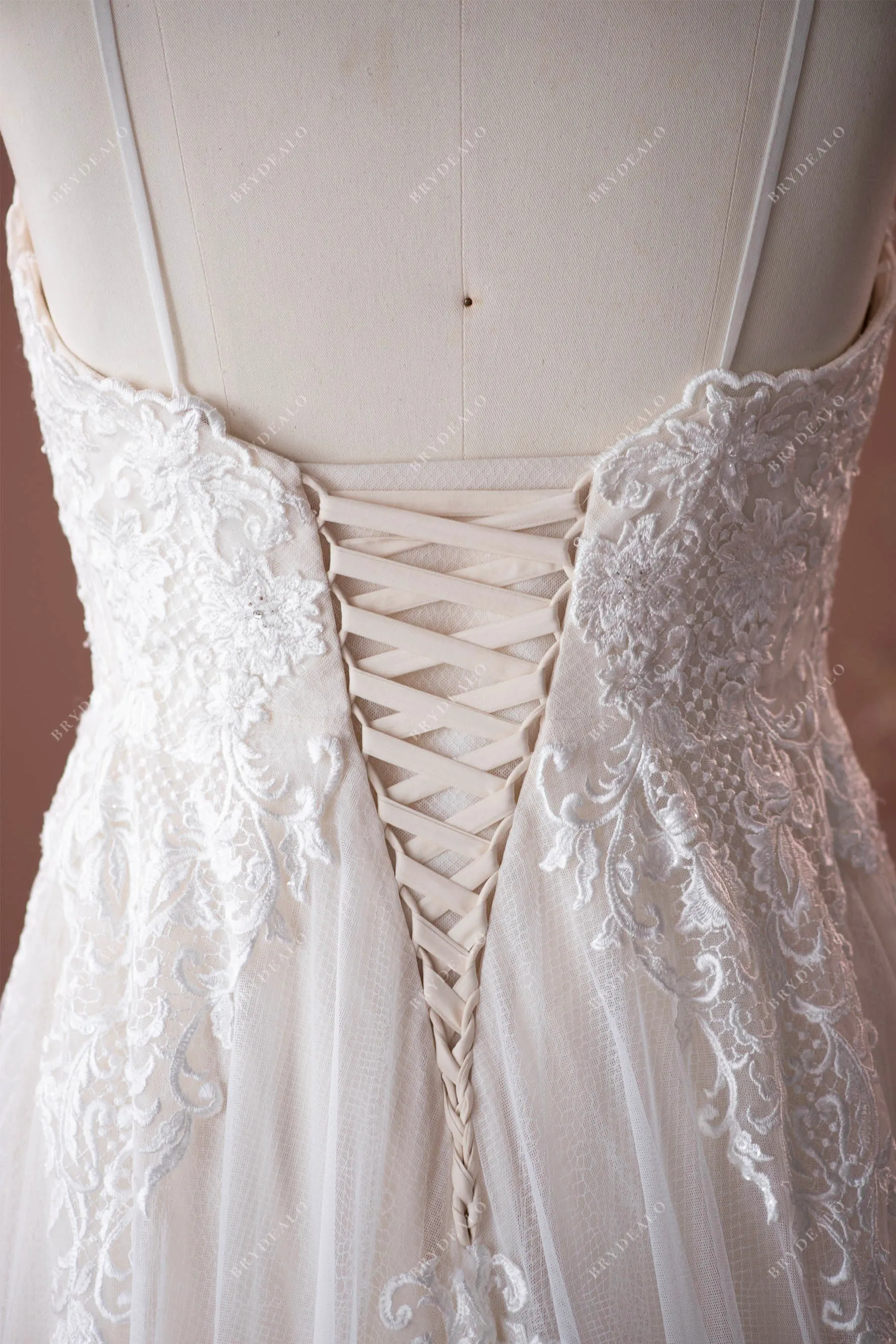 Plus Size Spaghetti Strap Stylish Lace A-line Champagne Bridal Dress