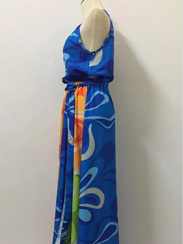 Popular Floral-Print Straps Cross Neck Sleeveless Beach Maxi Dress