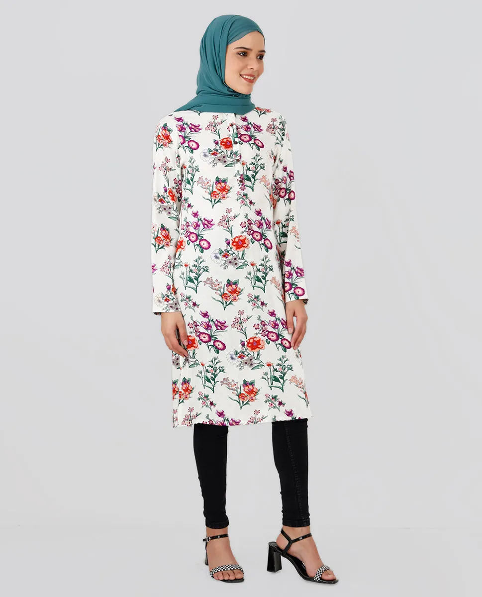 Round Neck Floral Printed Top - White