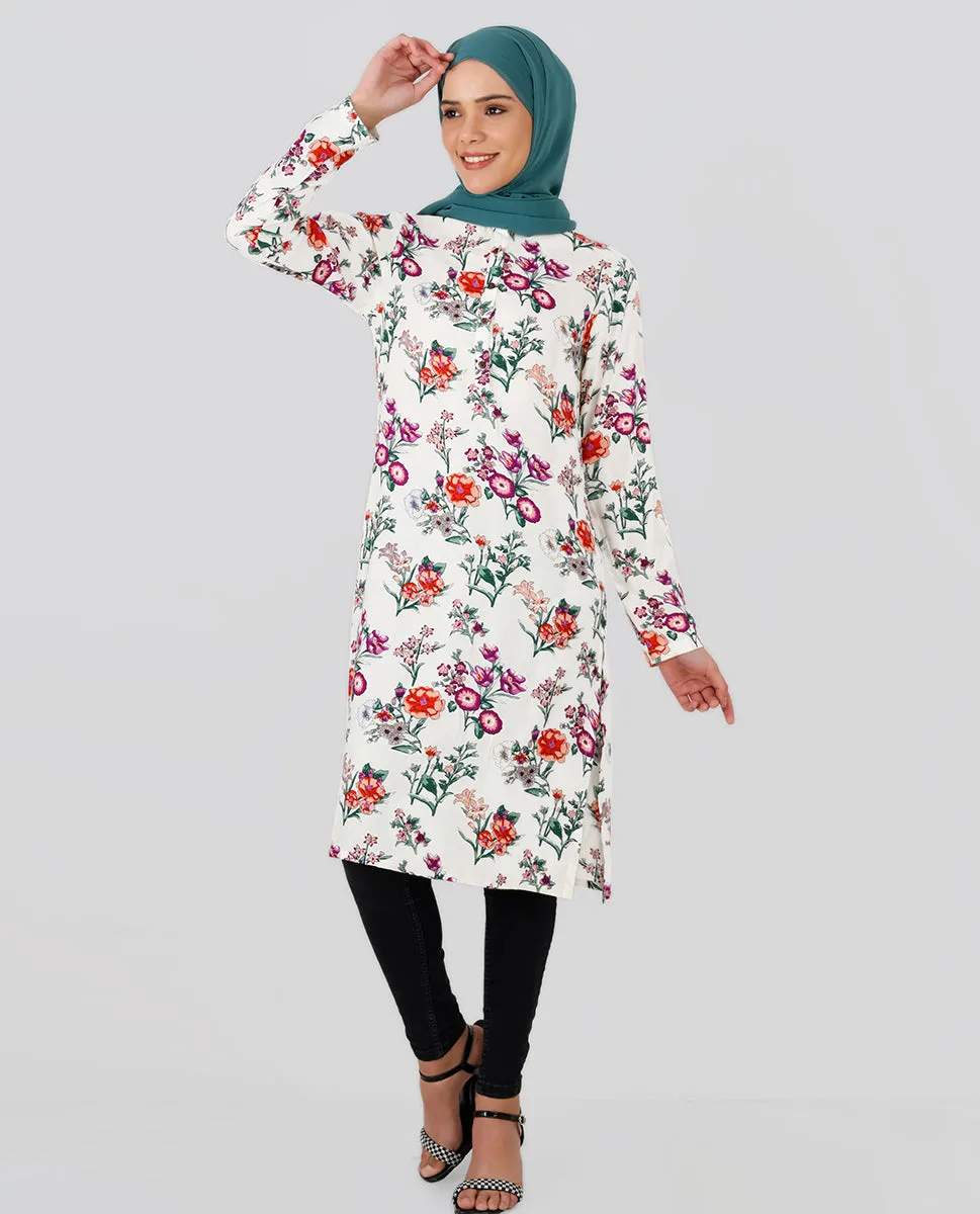 Round Neck Floral Printed Top - White