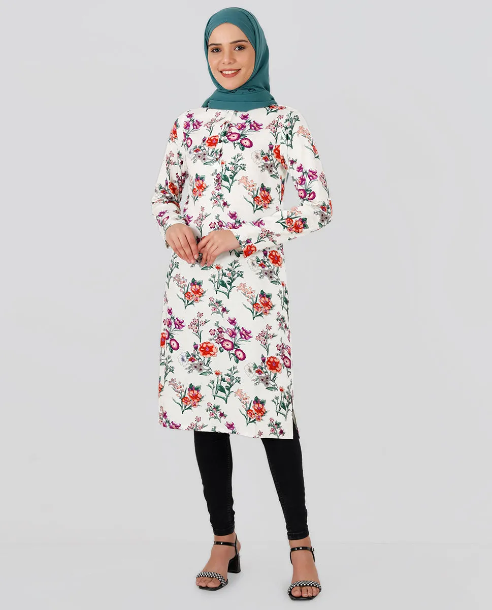 Round Neck Floral Printed Top - White