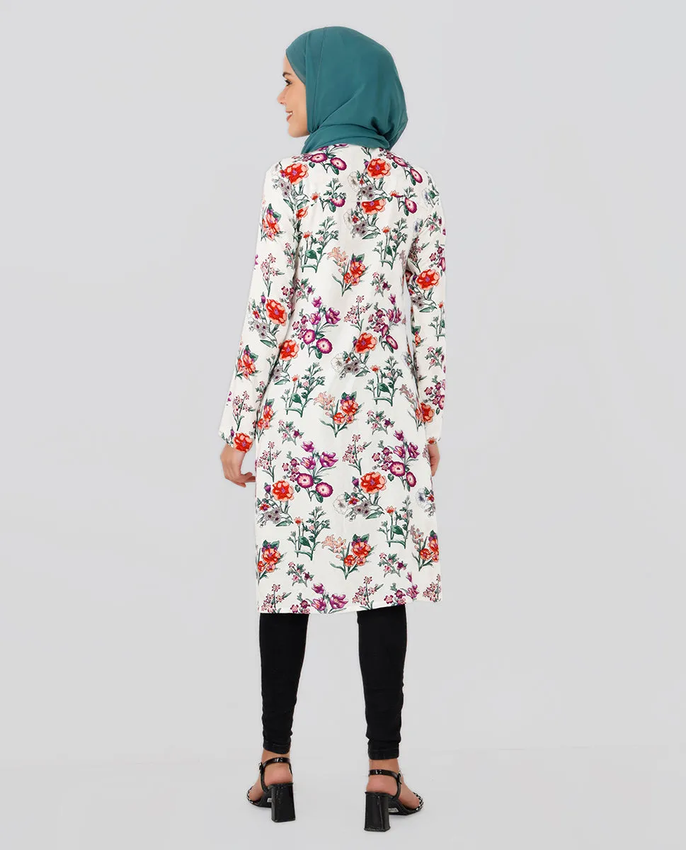 Round Neck Floral Printed Top - White