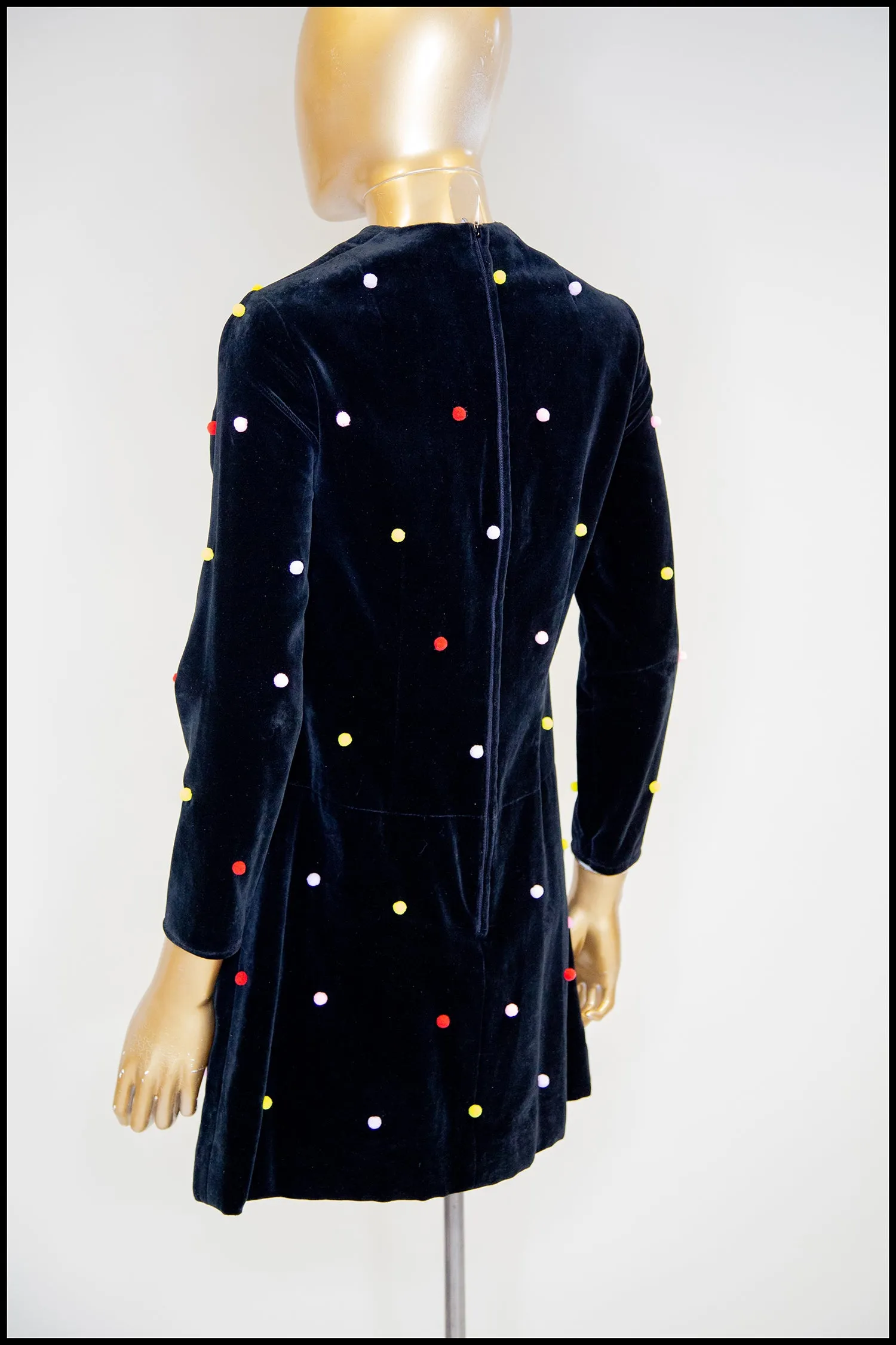 Vintage 1960s Velvet Rainbow Pom Pom Dot Mini Dress