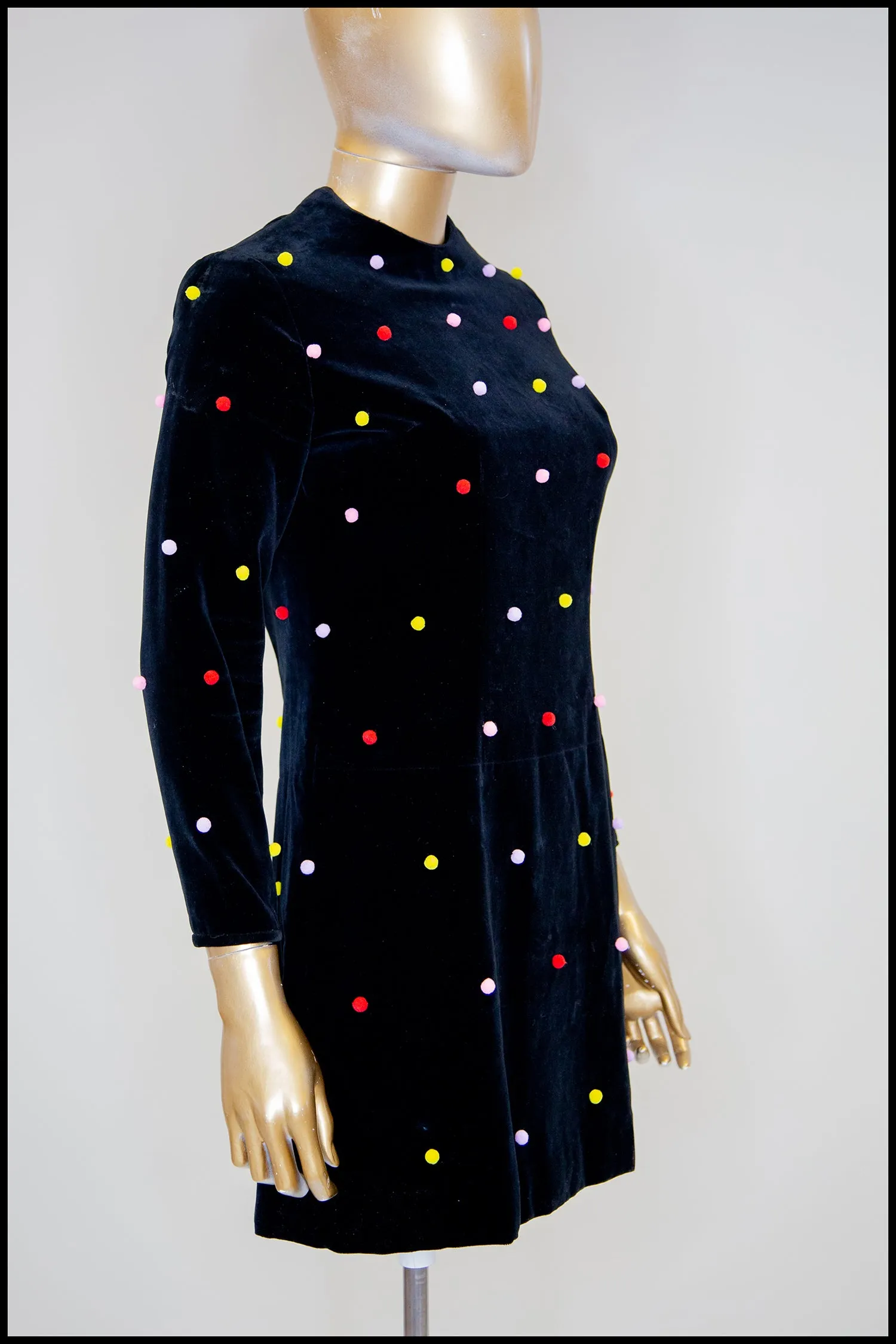 Vintage 1960s Velvet Rainbow Pom Pom Dot Mini Dress