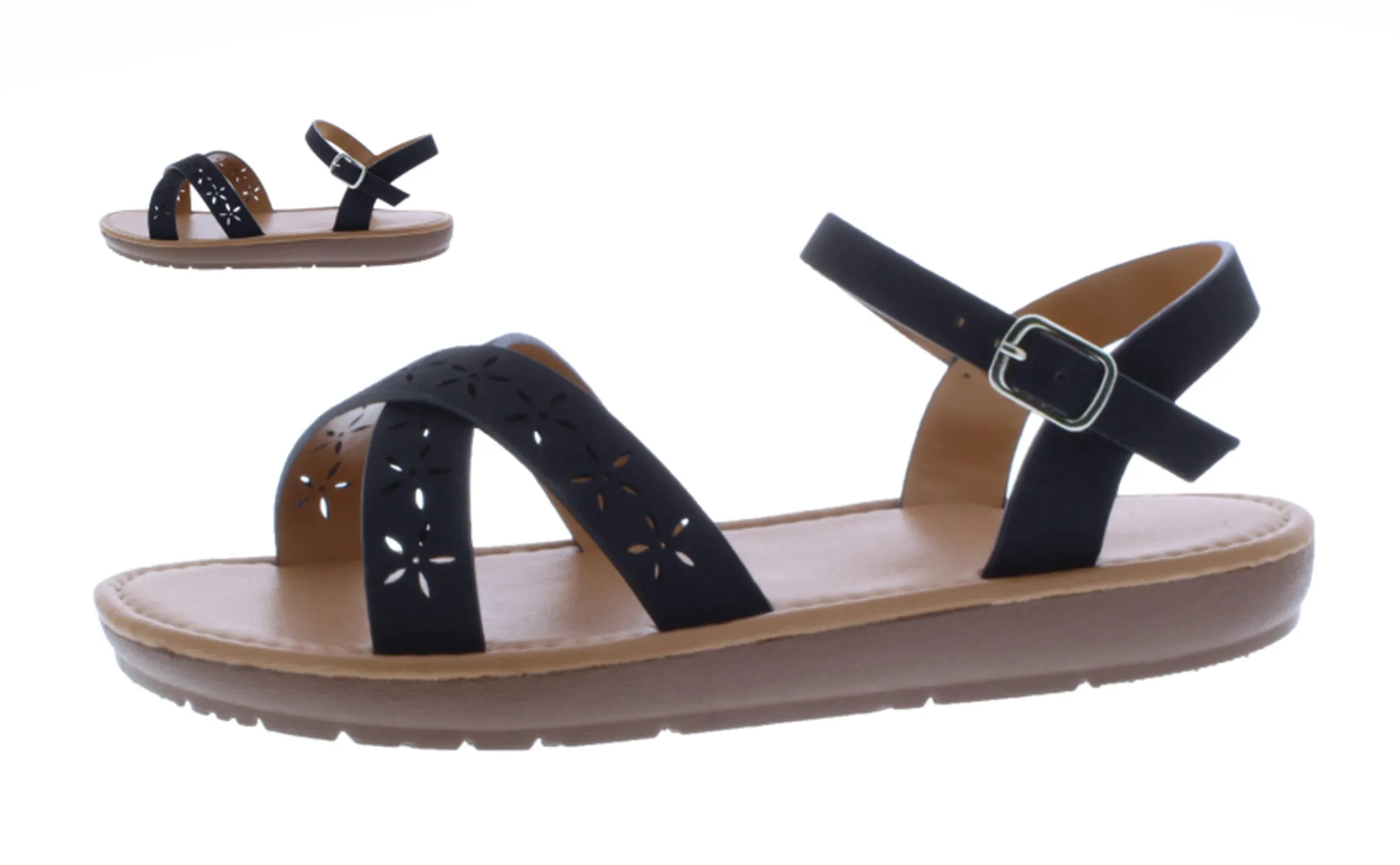 Women Laser Cut Crisscross Sandal with Buckle Closure