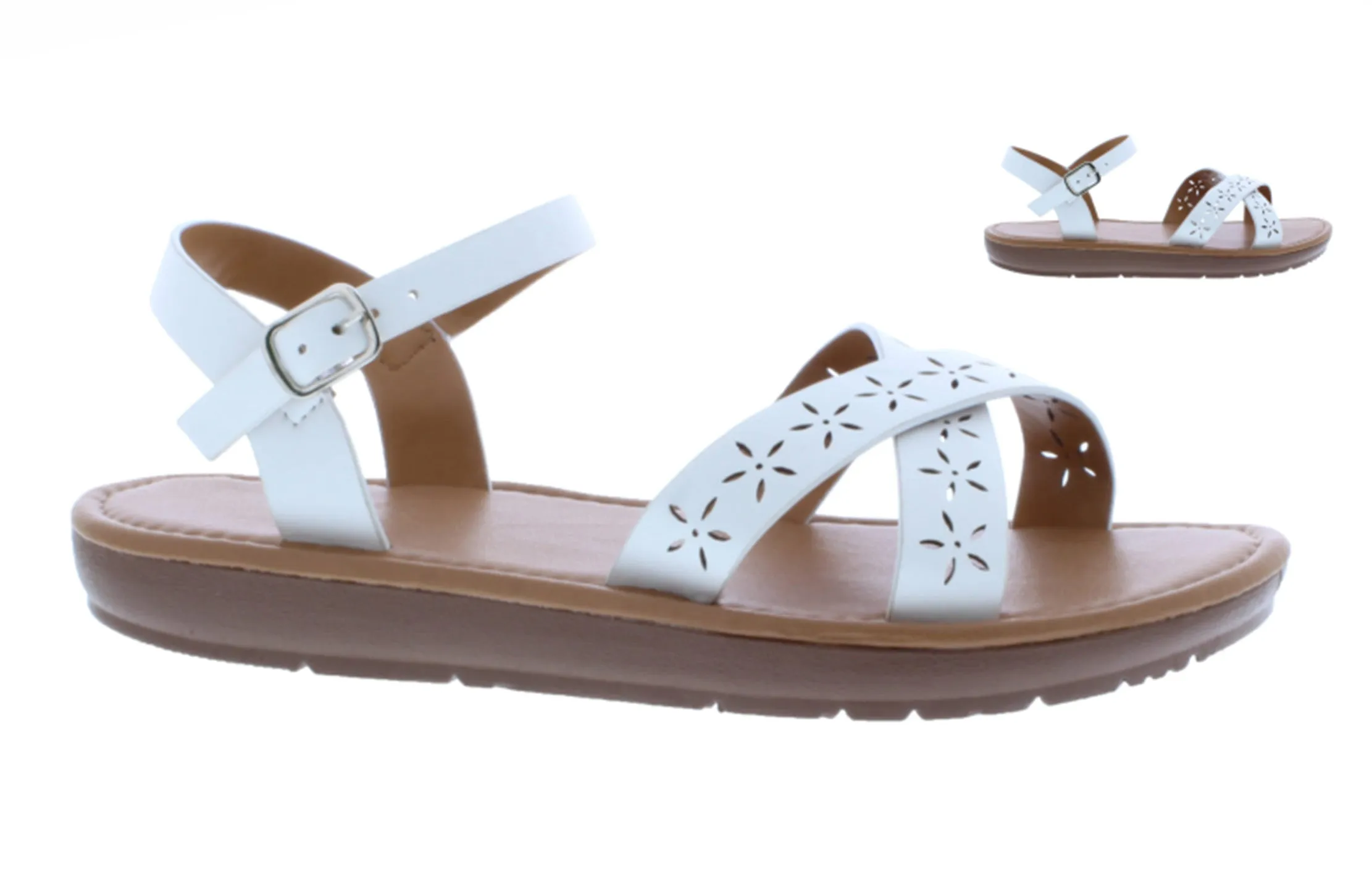 Women Laser Cut Crisscross Sandal with Buckle Closure