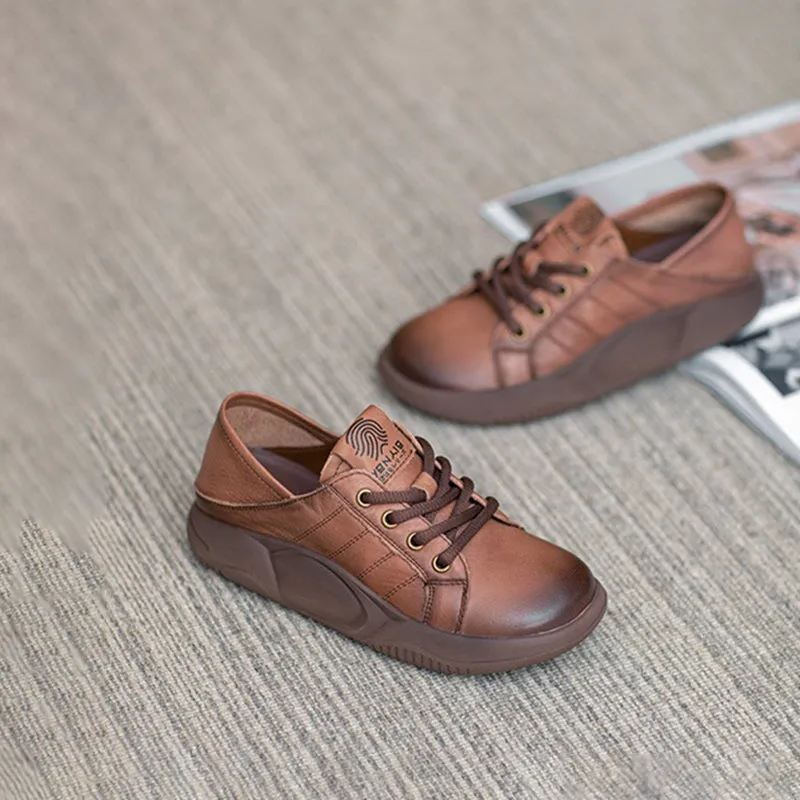 Women Round Toe Lace Up Leather Platform Oxfords in Brown/Khaki