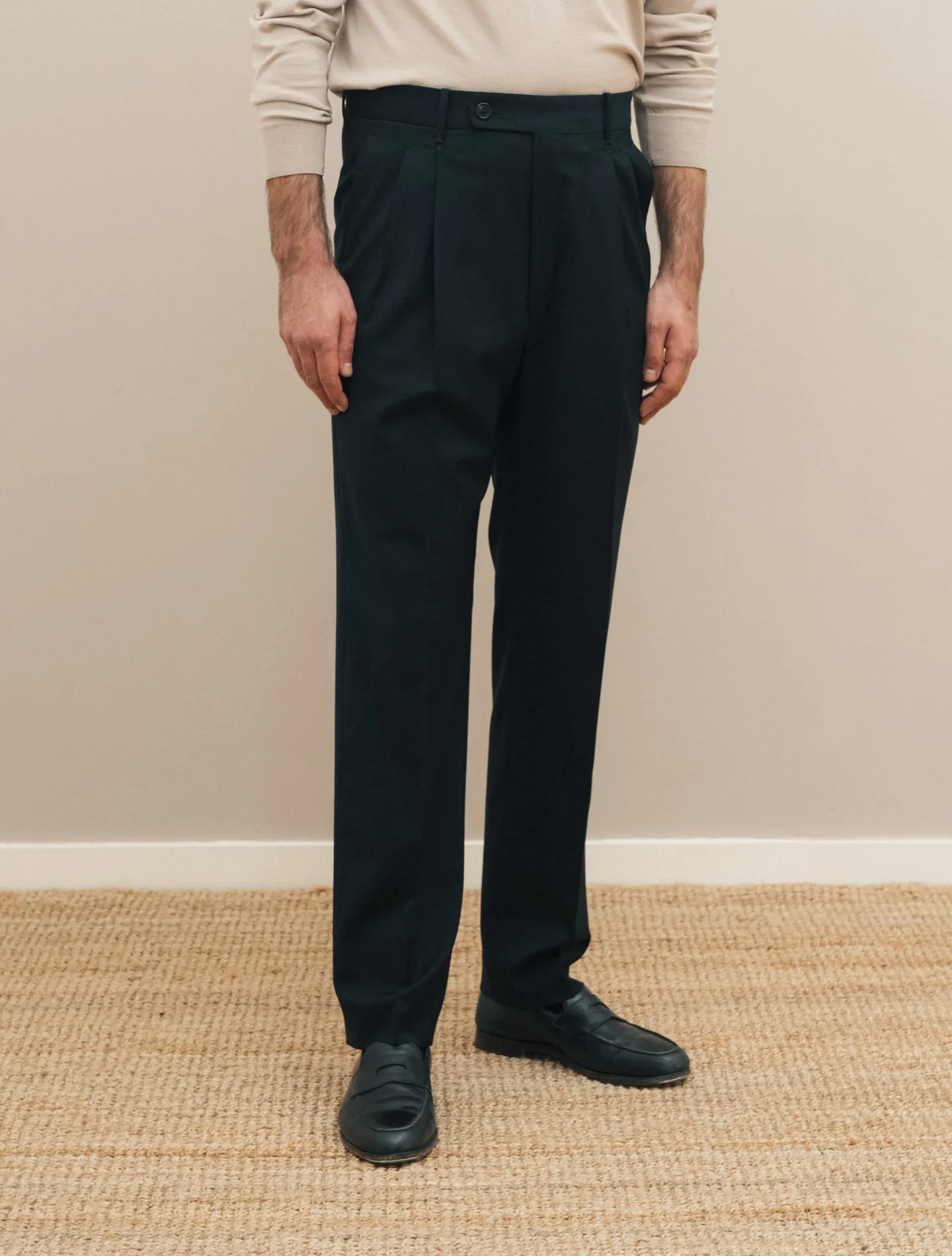 Wool Pleated Regular Fit Trousers Navy